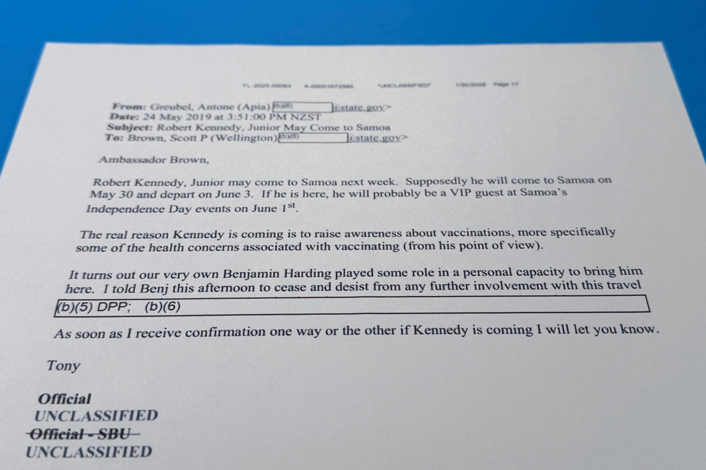 An email obtained by The Guardian and The Associated regarding a trip to Samoa in 2019 by Robert F. Kennedy Jr., is photographed Thursday, Feb. 5, 2026, in Washington. (AP Photo/Jon Elswick)
