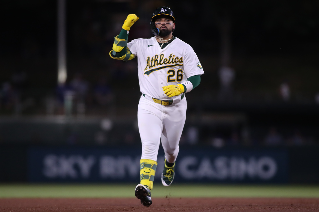 Athletics' Carlos Cortes jogs around the bases after hitting a solo home run during the fourth inning of a baseball game against the Toronto Blue Jays Tuesday, Sept. 8, 2026, in West Sacramento, Calif. (AP Photo/Scott Marshall)