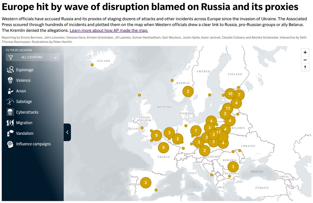 A map of disruption and sabotage staged by Russia, according to Western officials. (AP Digital Embed)
