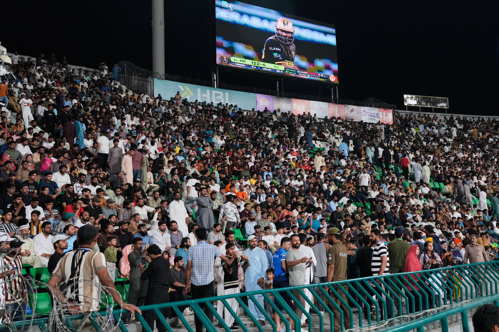 Fan cheer during the Pakistan Super League second eliminator cricket match between Hyderabad Kingsmen and Islamabad United, in Lahore, Pakistan, Friday, May 1, 2026. (AP Photo/K.M. Chaudary)