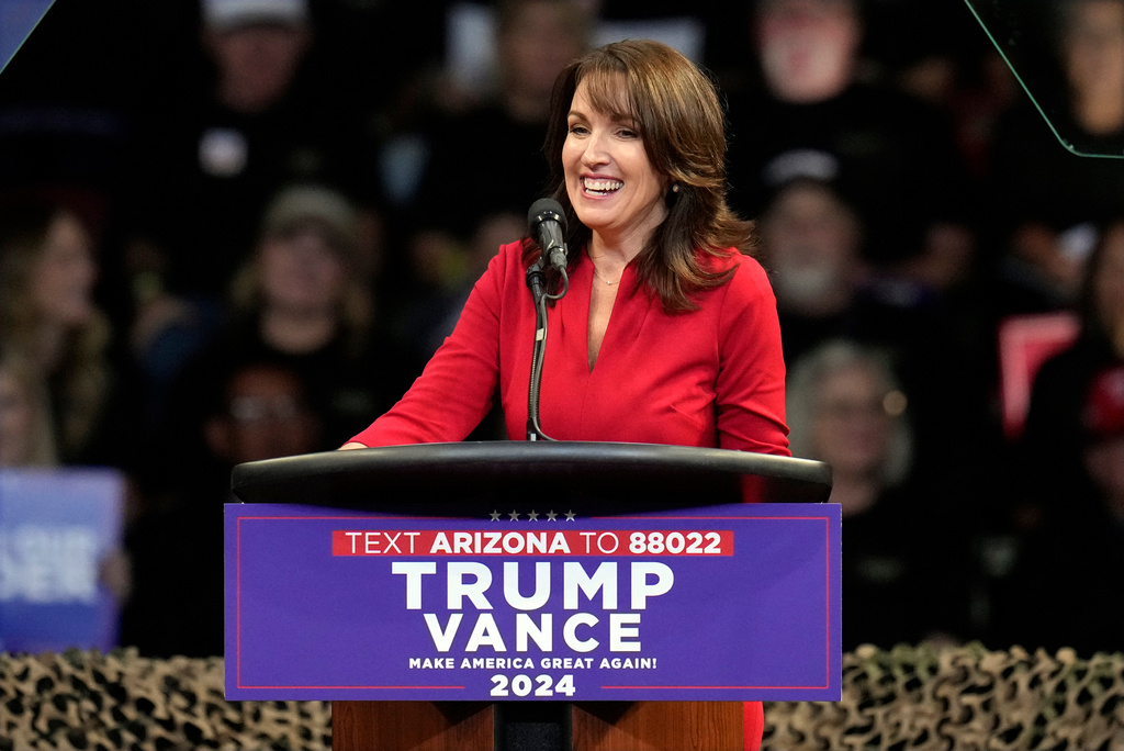 FILE - Tina Descovich, co-founder of Moms for Liberty, speaks before Republican presidential nominee former President Donald Trump at a campaign rally at the Findlay Toyota Arena, Oct. 13, 2024, in Prescott Valley, Ariz. (AP Photo/Ross D. Franklin, File)