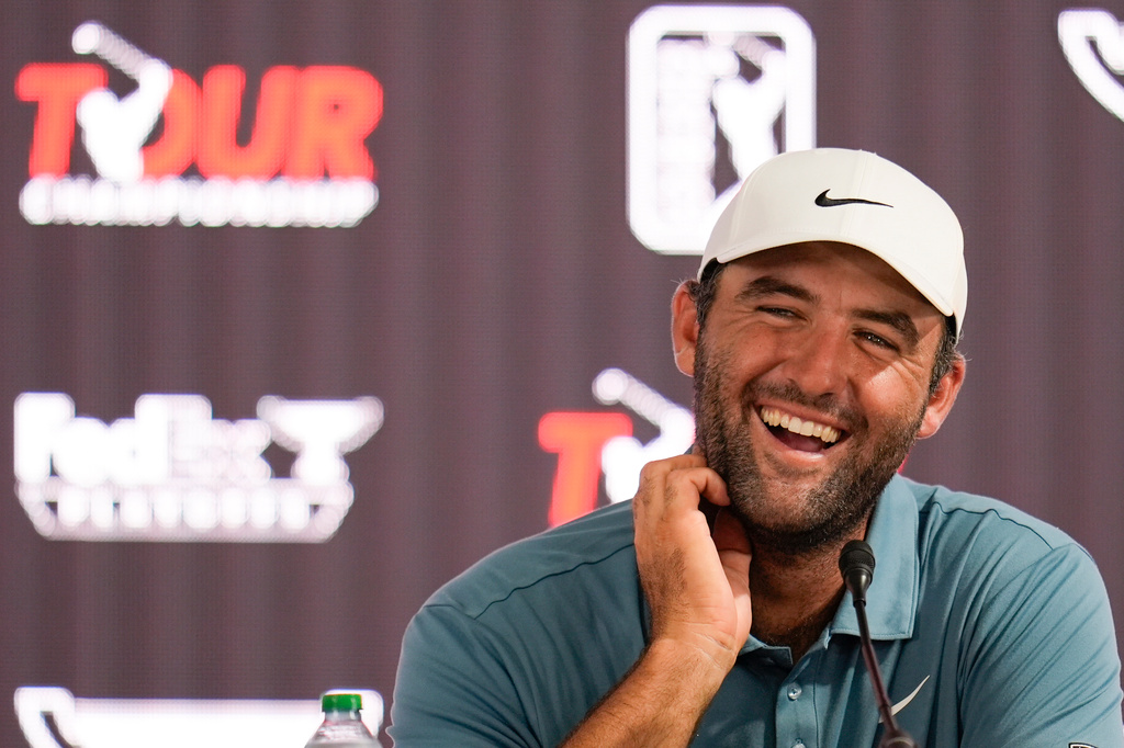 Scottie Scheffler speaks during a news conference after winning the final round of the PGA Tour Championship golf tournament, Sundday, Aug 30, 2026, in Atlanta.(AP Photo/Mike Stewart)