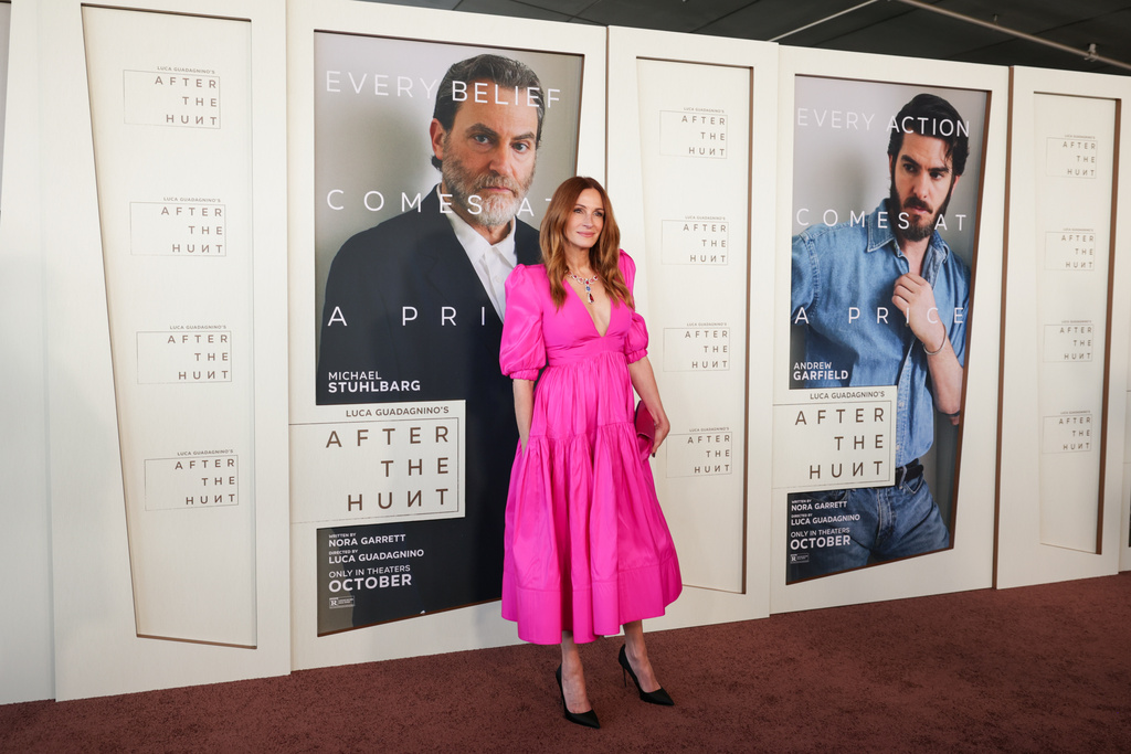 Julia Roberts arrives at the premiere of "After the Hunt" on Saturday, Oct. 4, 2025, at David Geffen Theater in Los Angeles. (Photo by Andrew Park/Invision/AP)