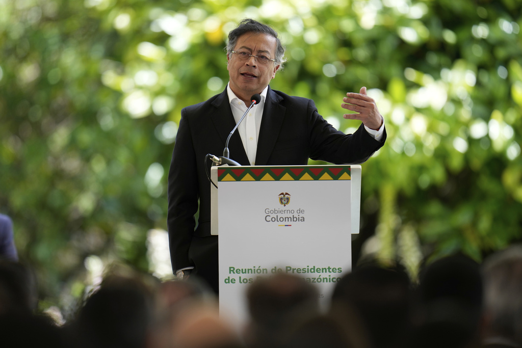 FILE - Colombia's President Gustavo Petro speaks during a meeting of leaders of the Amazon Cooperation Treaty Organization in Bogota, Colombia, Aug. 22, 2025. (AP Photo/Fernando Vergara, File)