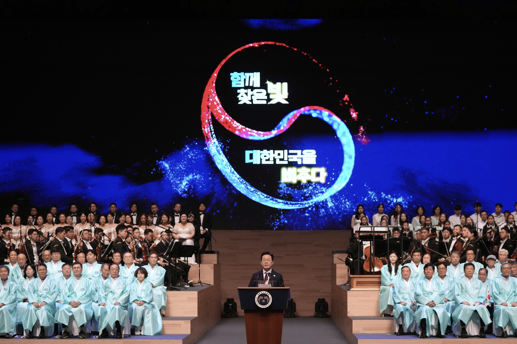 South Korean President Lee Jae Myung speaks during a ceremony to celebrate the 80th anniversary of Korea's liberation from Japanese colonial rule in Seoul, South Korea, Friday, Aug. 15, 2025. (AP Photo/Ahn Young-joon, Pool)