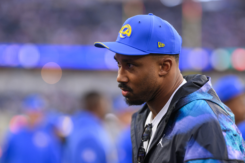 FILE - Los Angeles Rams defensive end Myles Garrett walks back to the locker room before an NFL football game in Inglewood, Calif., Oct. 12, 2026. (AP Photo/Kyusung Gong, File)