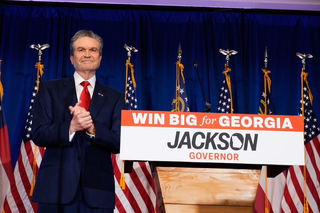 Georgia gubernatorial candidate Rick Jackson prepares to speak during a primary election night party on Tuesday, May 19, 2026, in Atlanta. (AP Photo/Brynn Anderson)