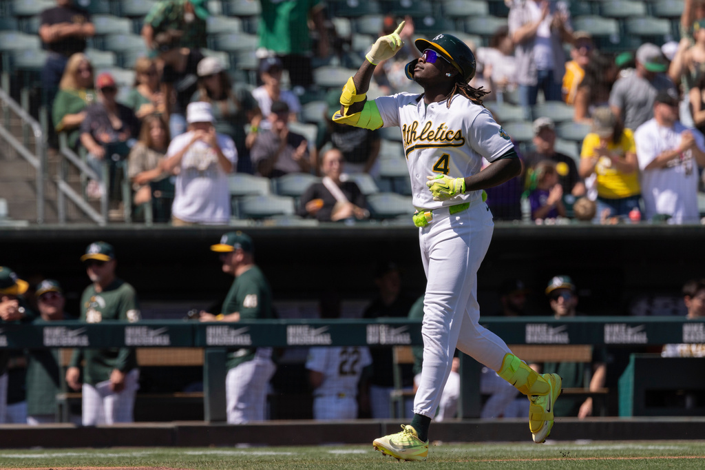 Athletics' Lawrence Butler runs the bases after after hitting a home run during the first inning of a baseball game against the Seattle Mariners, Sunday, Sept. 13, 2026, in West Sacramento, Calif. (AP Photo/Sara Nevis)