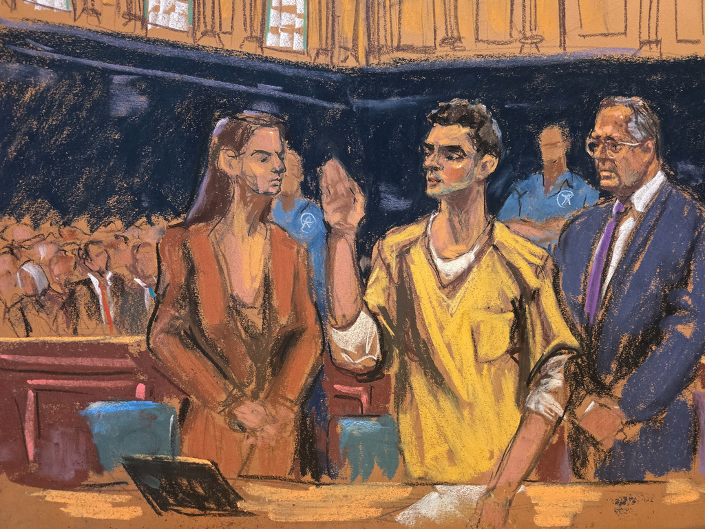 In this courtroom sketch, Luigi Mangione, center, stands between his attorneys, Karen Friedman Agnifilo, left, and Marc Agnifilo, right, as he is sworn in before pleading guilty to federal stalking charges in the killing of UnitedHealthcare CEO Brian Thompson, Friday, Aug. 14, 2026, in New York. (Jane Rosenberg via AP)