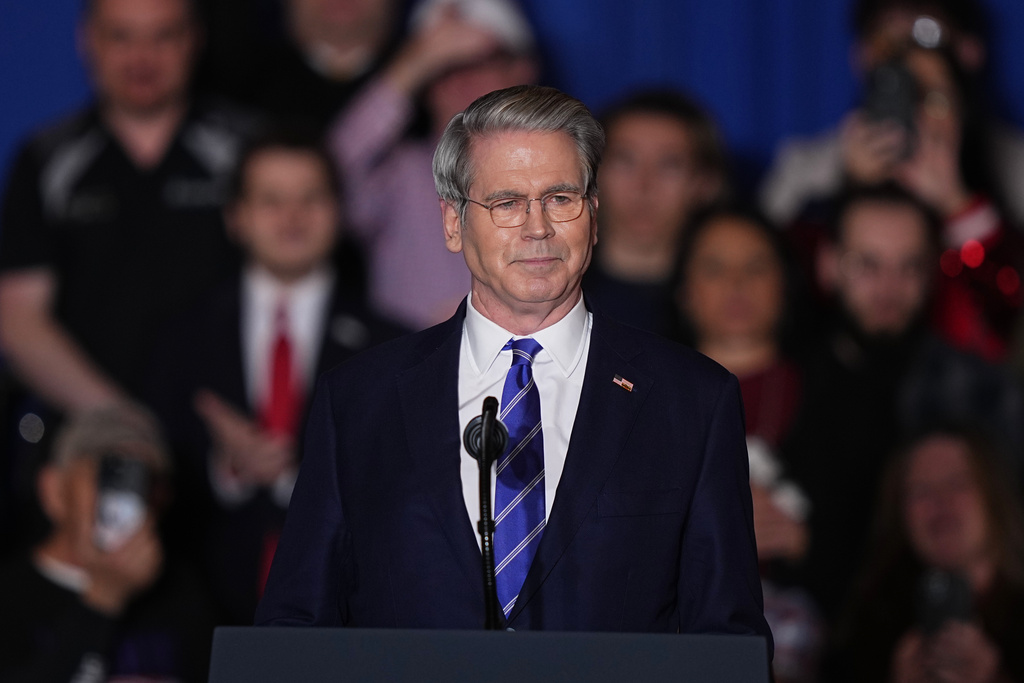 U.S. Department of the Treasury Scott Bessent speaks before President Donald Trump arrives at the Mount Airy Casino Resort in Mount Pocono, Pa., Tuesday, Dec. 9, 2025. (AP Photo/Matt Rourke)