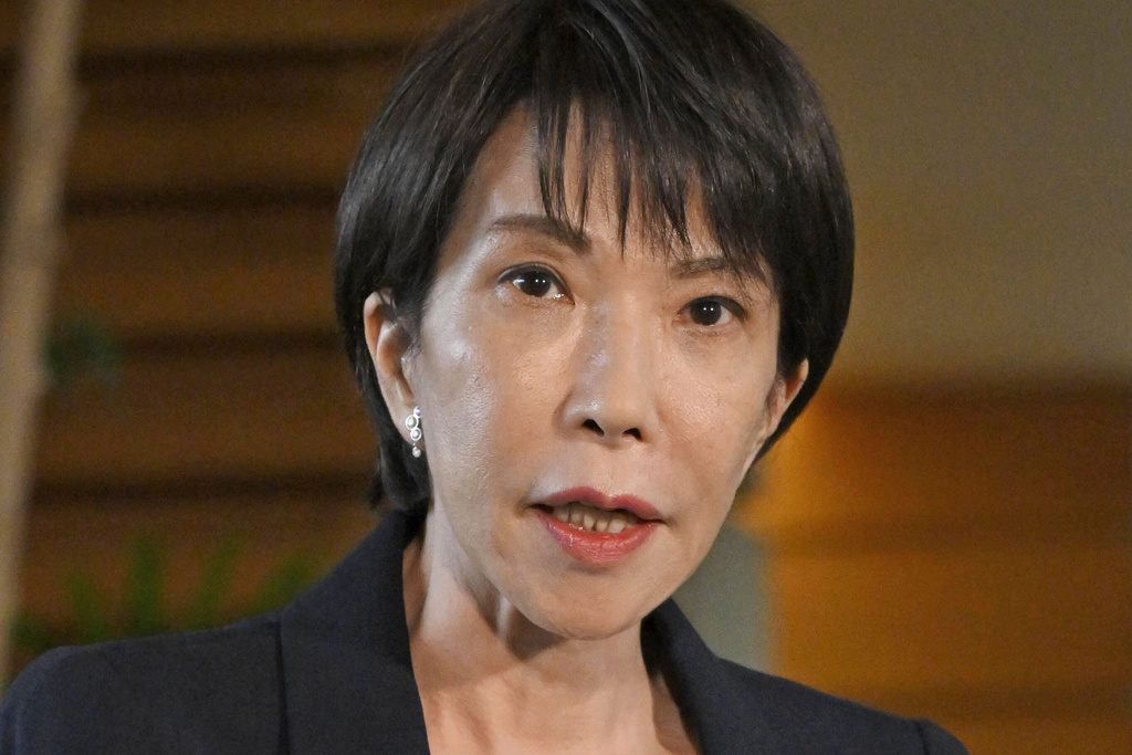 Japan Prime Minister Sanae Takaichi speaks to the media regarding the report that North Korea performed missile tests, at the prime minister's office in Tokyo, Wednesday, Oct. 22, 2025. (Tsuyoshi Ueda/Kyodo News via AP)