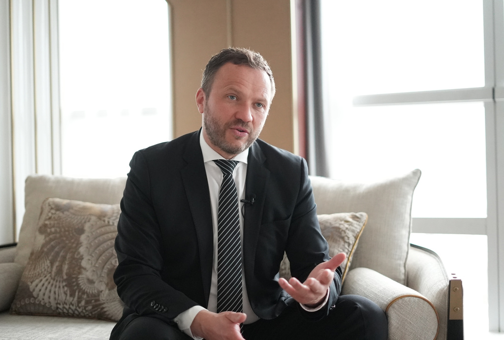 Estonian Foreign Minister Margus Tsahkna speaks during an interview with The Associated Press in Hanoi, Vietnam, Thursday, April 23, 2026. (AP Photo/Hau Dinh)