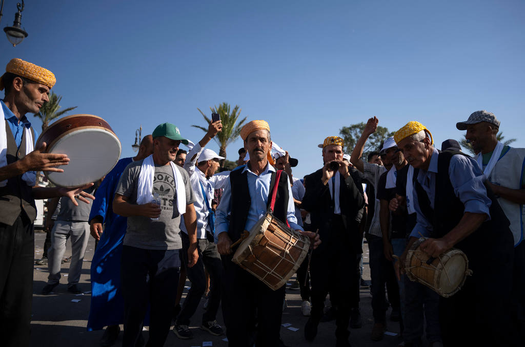 People take part in an electoral rally ahead of legislative elections in Tangier, Morocco, Wednesday, Sept. 16, 2026. (AP Photo/Mosa'ab Elshamy)