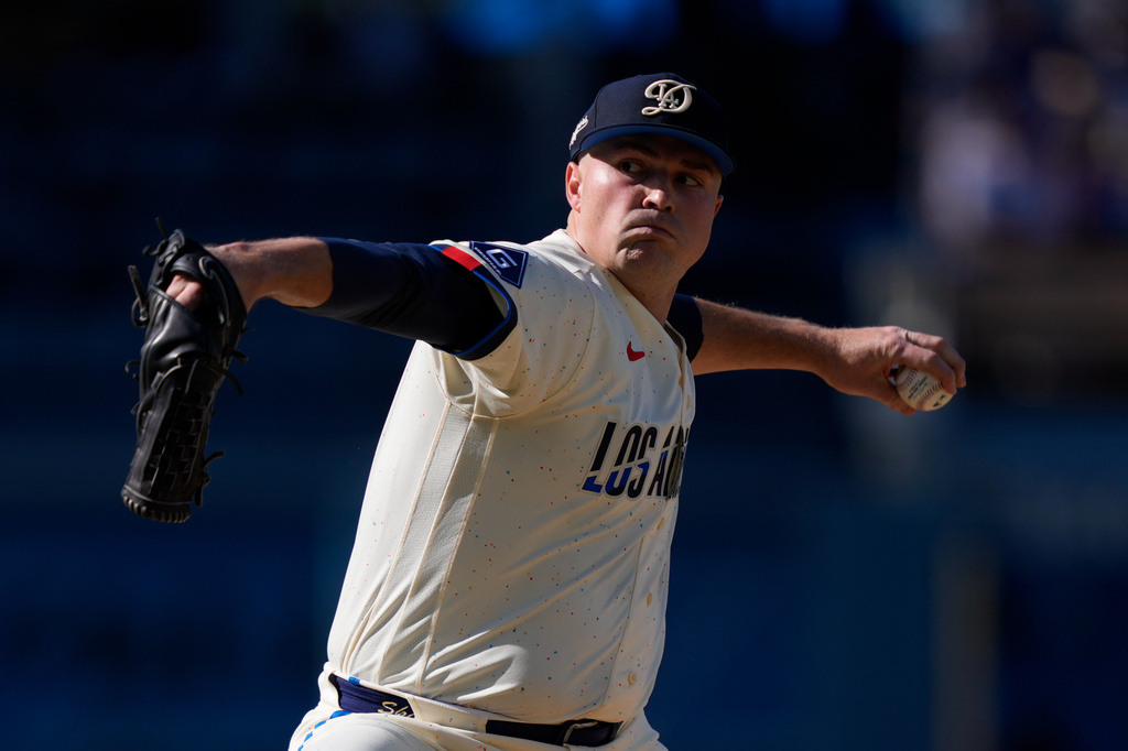 Los Angeles Dodgers starting pitcher Tarik Skubal throws to the plate during the sexond inning of a baseball game against the Pittsburgh Pirates, Saturday, Aug. 22, 2026, in Los Angeles. (AP Photo/Mark J. Terrill)