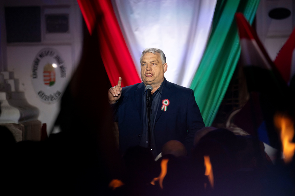 Prime minister of Hungary, Viktor Orbán speaks during a countryside campaign tour in Kaposvár, Hungary, Monday, March 16, 2026 ahead of April 12 parliamentary election. (AP Photo/Denes Erdos)
