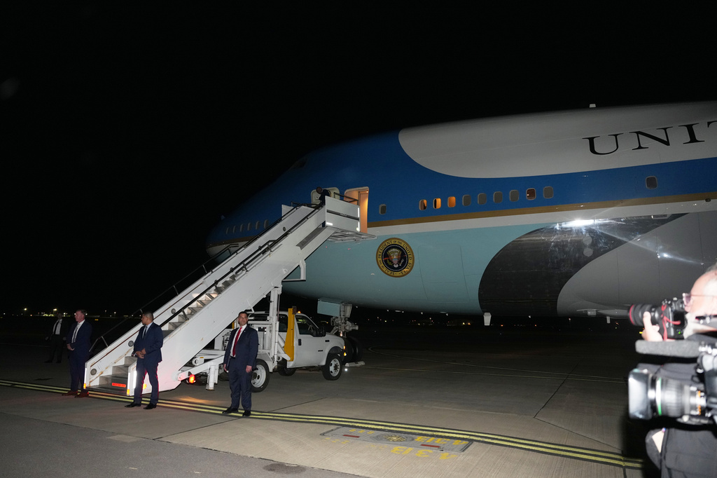 Air Force One sits on the tarmac as President Donald Trump switches planes at U.S. Air Force Base, RAF Mildenhall in Suffolk Eastern England, on his way back to Washington from the NATO summit in Ankara, Turkey ,Wednesday, July 8, 2026. (AP Photo/Alex Brandon)