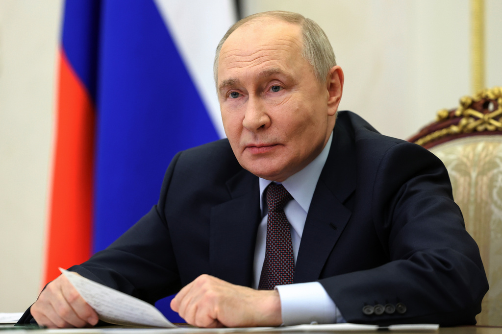 FILE - Russian President Vladimir Putin holds a videoconference cabinet meeting at the Kremlin in Moscow, Thursday, April 23, 2026. (Alexander Kazakov/Sputnik, Kremlin Pool Photo via AP, File)