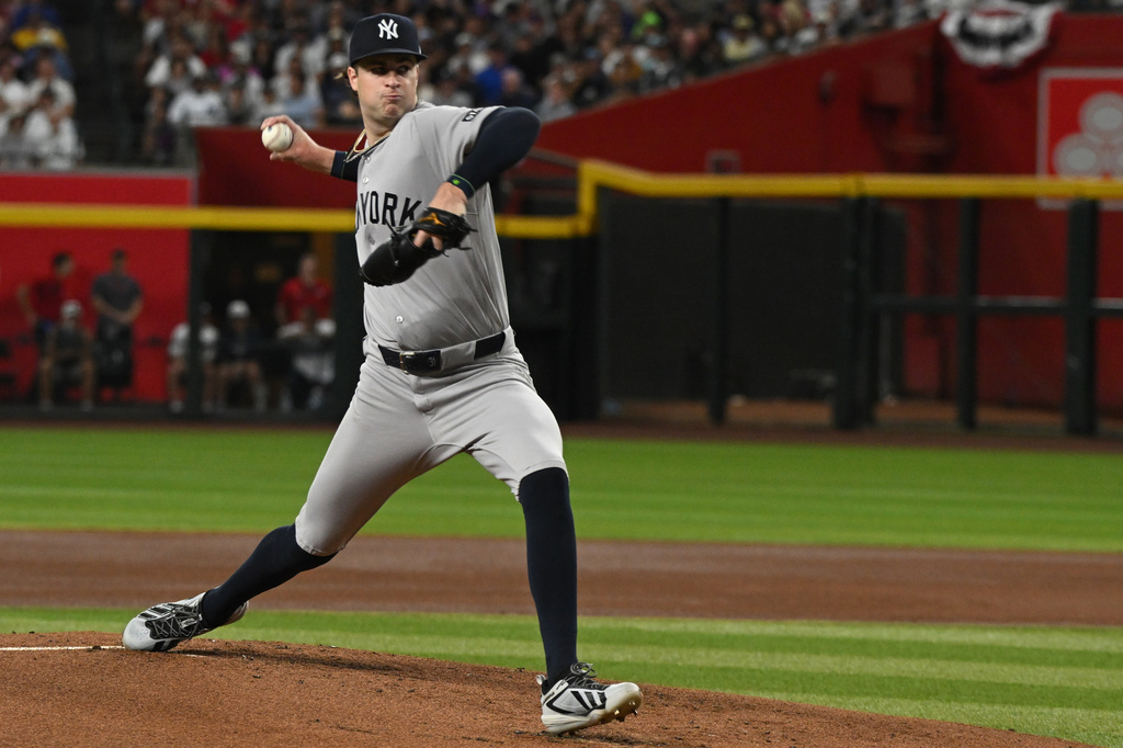 New York Yankees Cam Schlittler pitches during the first inning during the first inning of a baseball game against the Arizona Diamondbacks, Saturday, Sept. 19, 2026, in Phoenix. (AP Photo/Caitlin O'Hara)