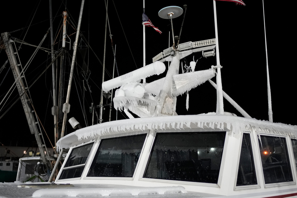 Ice coats radar instruments on a fishing boat up in Gloucester, Mass., the home port of a vessel that that went missing at sea with seven people aboard, Friday, Jan. 30, 2026. (AP Photo/Robert F. Bukaty)
