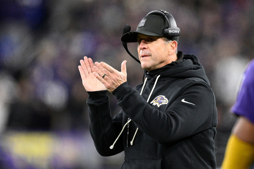 Baltimore Ravens head coach John Harbaugh looks out from the sideline during the first half of an NFL football game against the Cincinnati Bengals, Thursday, Nov. 27, 2025, in Baltimore. (AP Photo/Nick Wass)