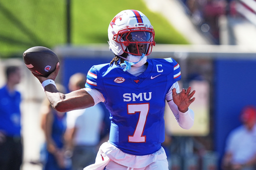 SMU quarterback Kevin Jennings (7) passes during the first half of an NCAA college football game against Syracuse, Saturday, Oct. 4, 2025, in Dallas. (AP Photo/LM Otero) SMU quarterback Kevin Jennings (7) passes during the first half of an NCAA college football game against Syracuse, Saturday, Oct. 4, 2025, in Dallas. (AP Photo/LM Otero)