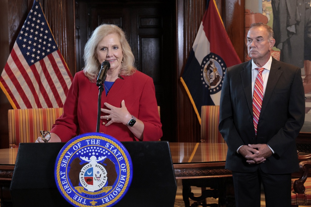 Former U.S. Attorney Catherine Hanaway speaks to reporters after Missouri Gov. Mike Kehoe announced her appointment as the state's next attorney general on Tuesday, Aug. 19, 2025, at the governor's Capitol office in Jefferson City, Mo. (Laurie Skrivan/St. Louis Post-Dispatch via AP)