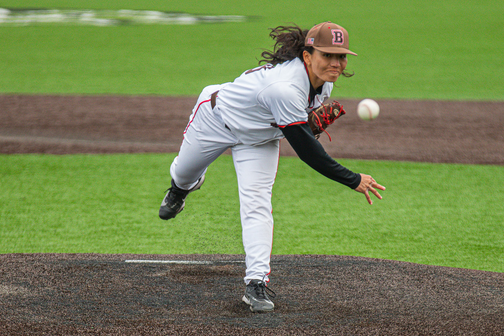 Brown University Olivia Pichardo pitches during the ninth inning of a game against Cornell on Saturday, April 25, 2026. Saturday, April 25, 2026, in Providence, R.I. (Sage Hurteau/Brown Athletics via AP)