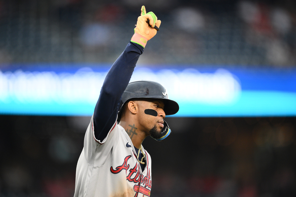 Atlanta Braves' Ronald Acuna Jr. celebrates his three-run home run during the seventh inning of a baseball game against the Washington Nationals, Wednesday, Sept. 2, 2026, in Washington. (AP Photo/Nick Wass)