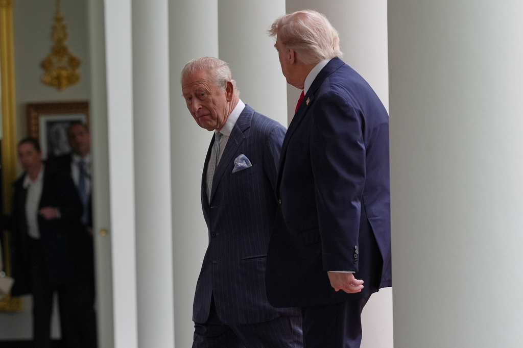 President Donald Trump and Britain's King Charles III walk onto the West Colonnade from the Rose Garden as they head to the Oval Office at White House, Tuesday, April 28, 2026, in Washington, during a State Visit. (AP Photo/Alex Brandon)