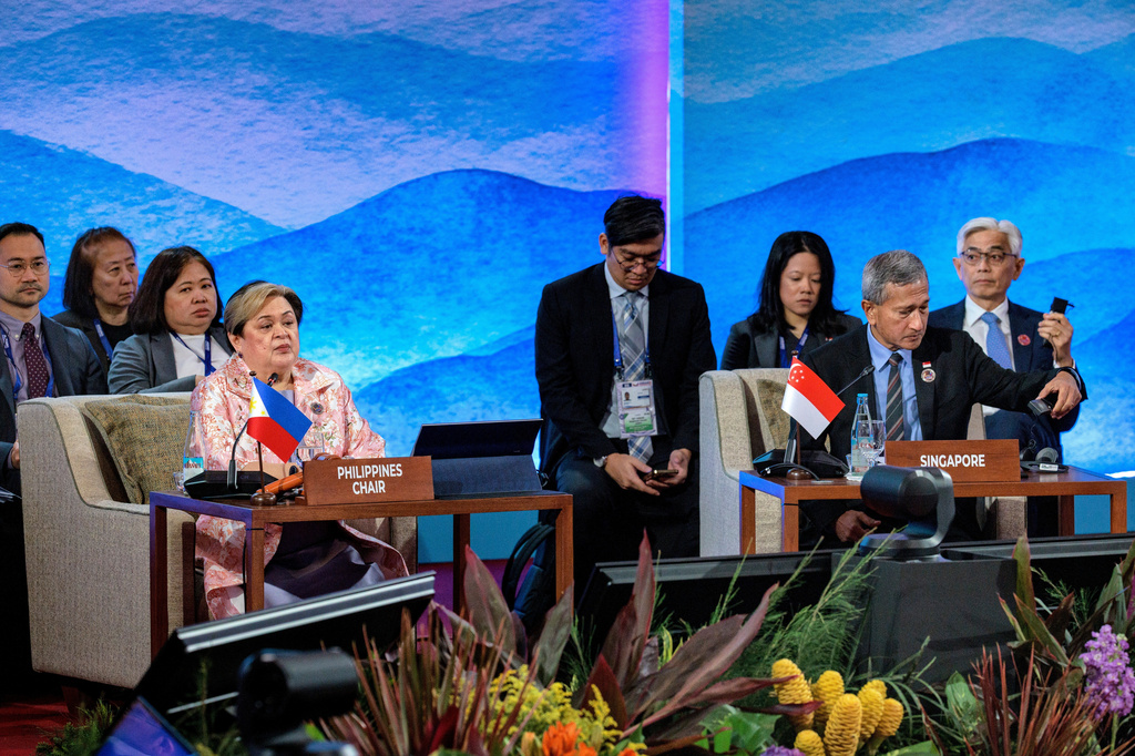 Philippines Foreign Secretary Theresa Lazaro, front left, and Singapore Foreign Minister Vivian Balakrishnan, front right, attend the 33rd ASEAN Regional Forum (ARF), part of the Association of Southeast Asian Nations (ASEAN) Foreign Ministers' Meeting in Pasay, Metro Manila, Philippines Thursday, July 23, 2026. (Ezra Acayan/Pool Photo via AP)