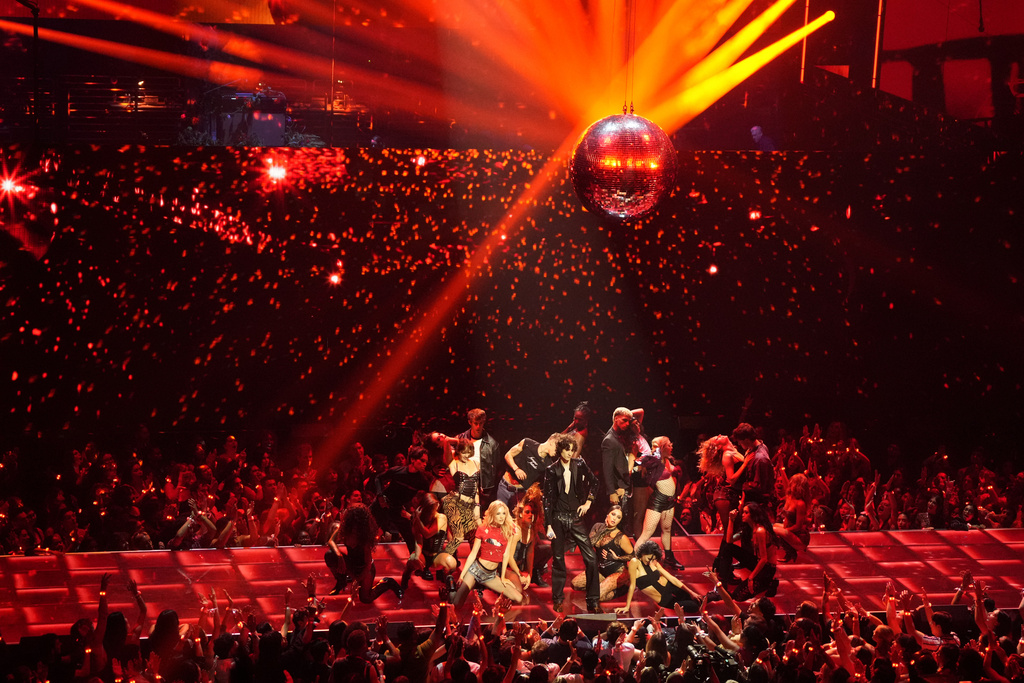 Sombr performs during the MTV Video Music Awards on Sunday, Sept. 7, 2025, at UBS Arena in Elmont, N.Y. (Photo by Charles Sykes/Invision/AP)