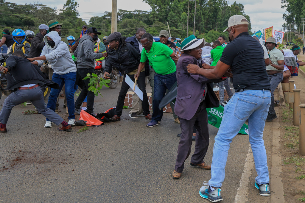 Plainclothes police officers arrest protesters during a demonstration against plans they say would affect wildlife habitat in Nairobi National Park in Nairobi, Kenya, Monday, June 8, 2026. (AP Photo/Andrew Kasuku)