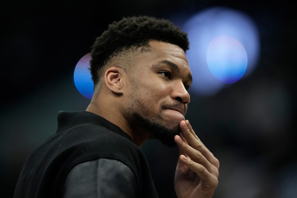 Milwaukee Bucks' Giannis Antetokounmpo looks on during the first half of an NBA basketball game against the Toronto Raptors, Sunday, Feb. 22, 2026, in Milwaukee. (AP Photo/Aaron Gash)