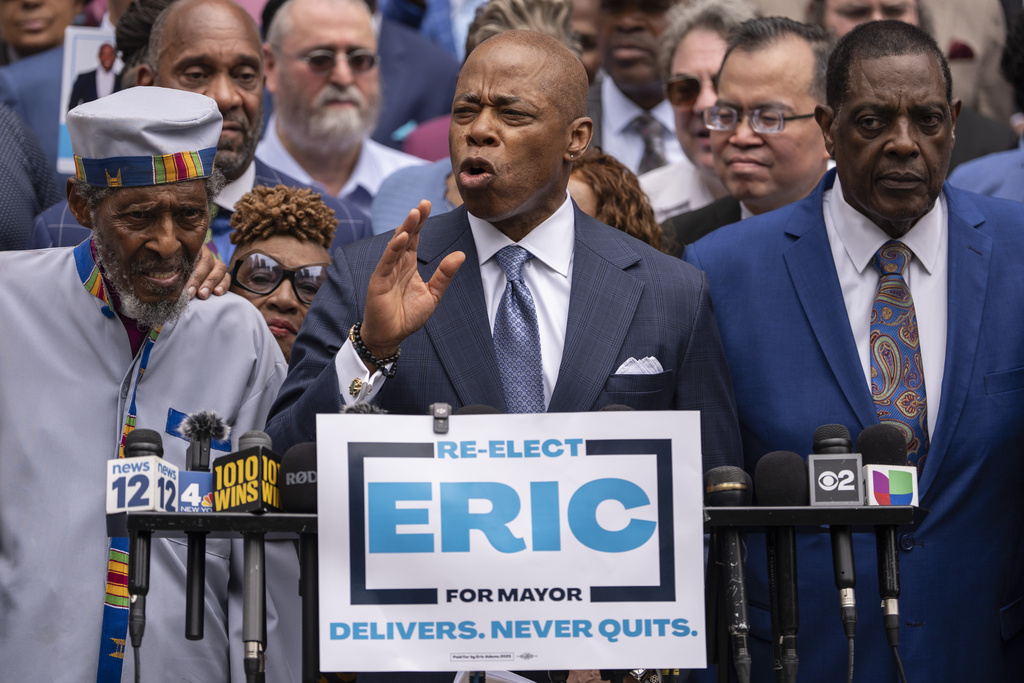 FILE - New York Mayor Eric Adams speaks during a campaign launch rally at City Hall, Thursday, June. 26, 2025, in New York. (AP Photo/Yuki Iwamura, File)