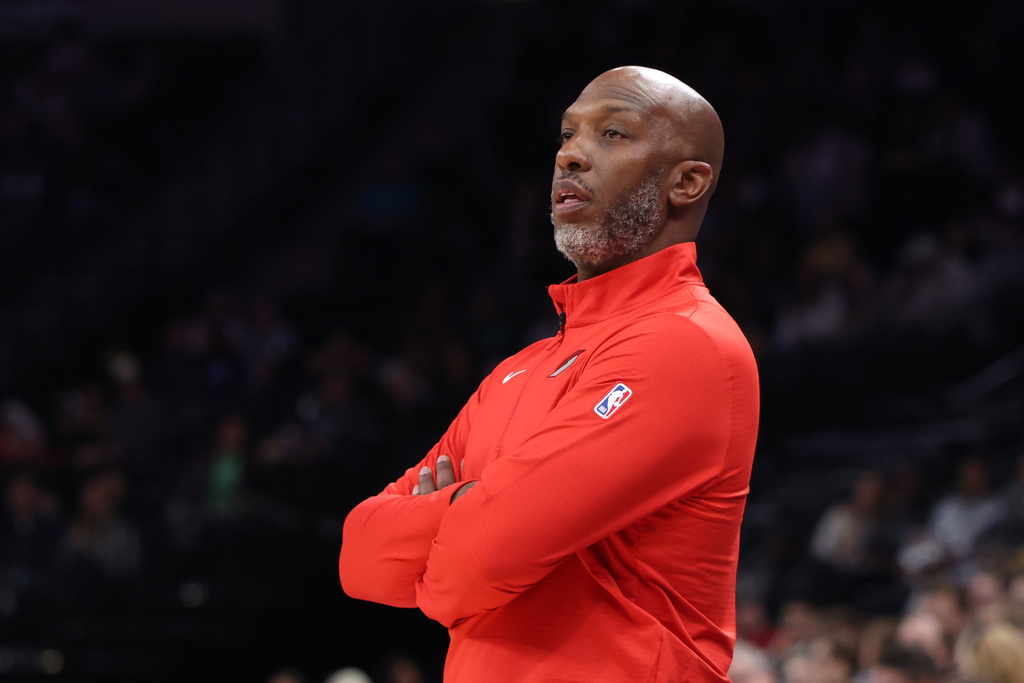 FILE - Portland Trail Blazers head coach Chauncey Billups looks on during the second half of a preseason NBA basketball game against the Utah Jazz, Thursday, Oct. 16, 2025, in Salt Lake City. (AP Photo/Rob Gray, File)