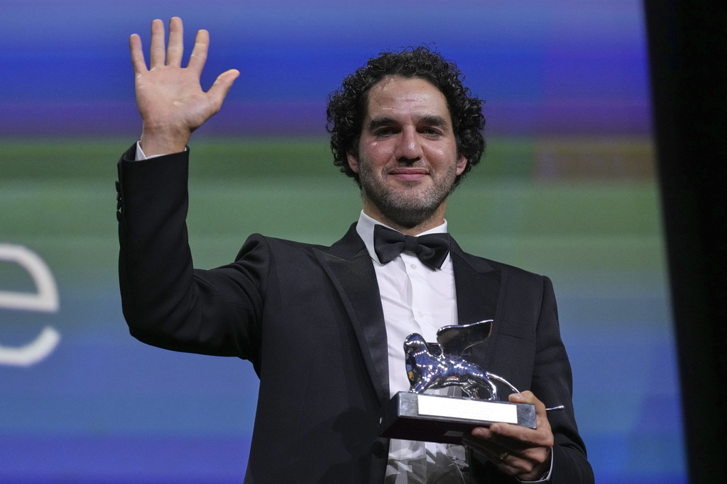 Benny Safdie accepts the Silver Lion for best director for 'The Smashing Machine' during the awards ceremony of the 82nd edition of the Venice Film Festival in Venice, Italy, on Saturday, Sept. 6, 2025. (Photo by Alessandra Tarantino/Invision/AP)