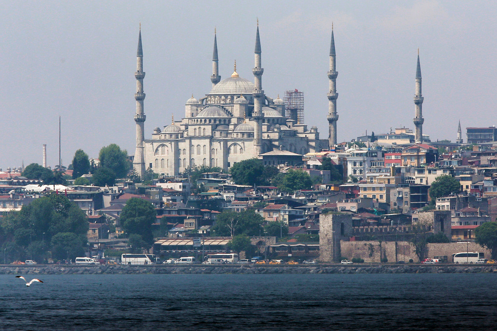 File- A view of Sultan Ahmed Mosque, better known as the Blue Mosque, one of Istanbul's landmarks as seen from a boat in Bosporus, Turkey, May 25, 2015. (AP Photo/Lefteris Pitarakis, File)