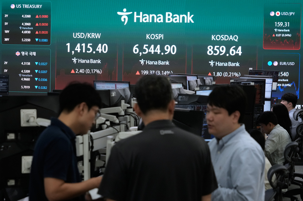 Currency traders work at the foreign exchange dealing room of the Hana Bank headquarters in Seoul, South Korea, Wednesday, Aug. 12, 2026. (AP Photo/Ahn Young-joon)