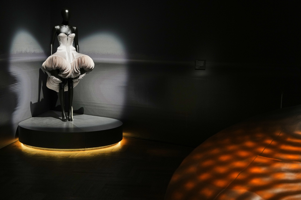 Mille-Feuille is displayed during the press preview for Schiaparelli: Fashion Becomes Art exhibition at the V&A museum in London, Wednesday, March 25, 2026. (AP Photo/Kirsty Wigglesworth)