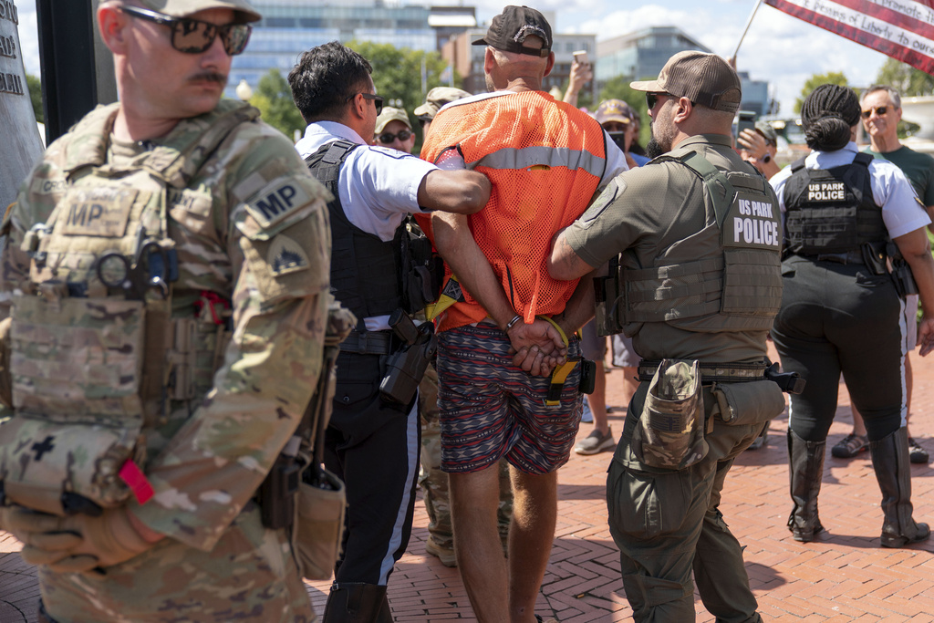 U.S. Park Police detain a demonstrator at Union Station, rear, Monday, Sept. 1, 2025, in Washington, as members of the District of Columbia National Guard stand near. (AP Photo/Jose Luis Magana)