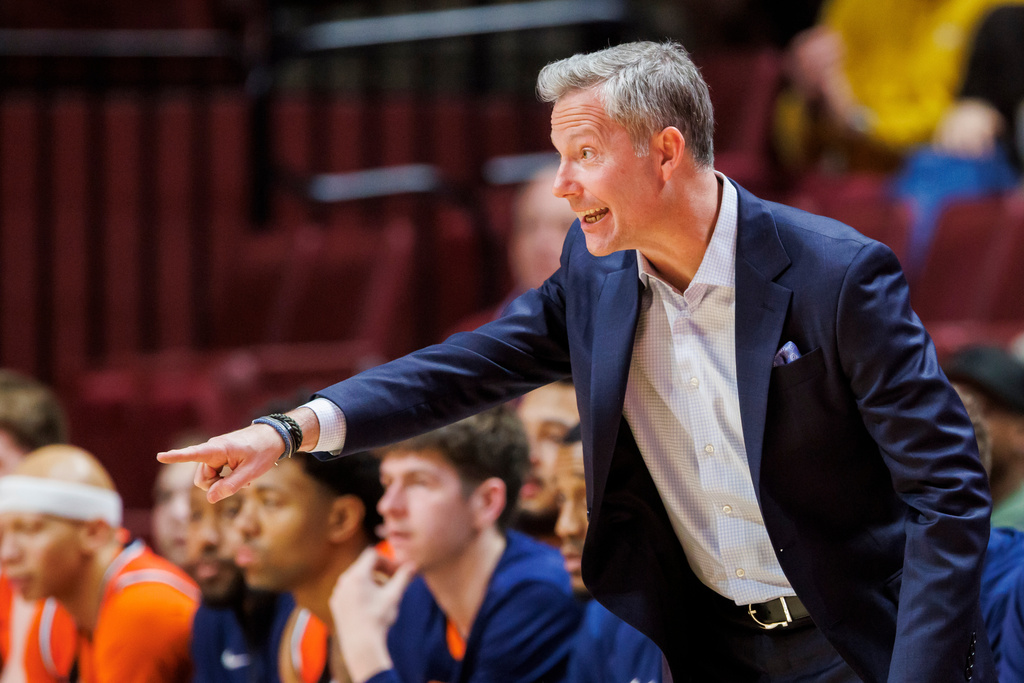 Virginia head coach Ryan Odom directs his team against Florida State during the first half of an NCAA college basketball game, Tuesday, Feb. 10, 2026, in Tallahassee, Fla. (AP Photo/Colin Hackley)