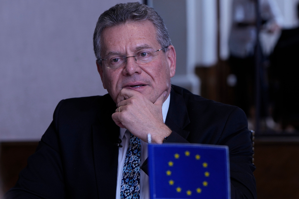 FILE -The European Commissioner for Trade and Economic Security Maros Sefcovic speaks during an interview in Asuncion, Paraguay, Jan. 17, 2026. (AP Photos/Jorge Saenz, File)