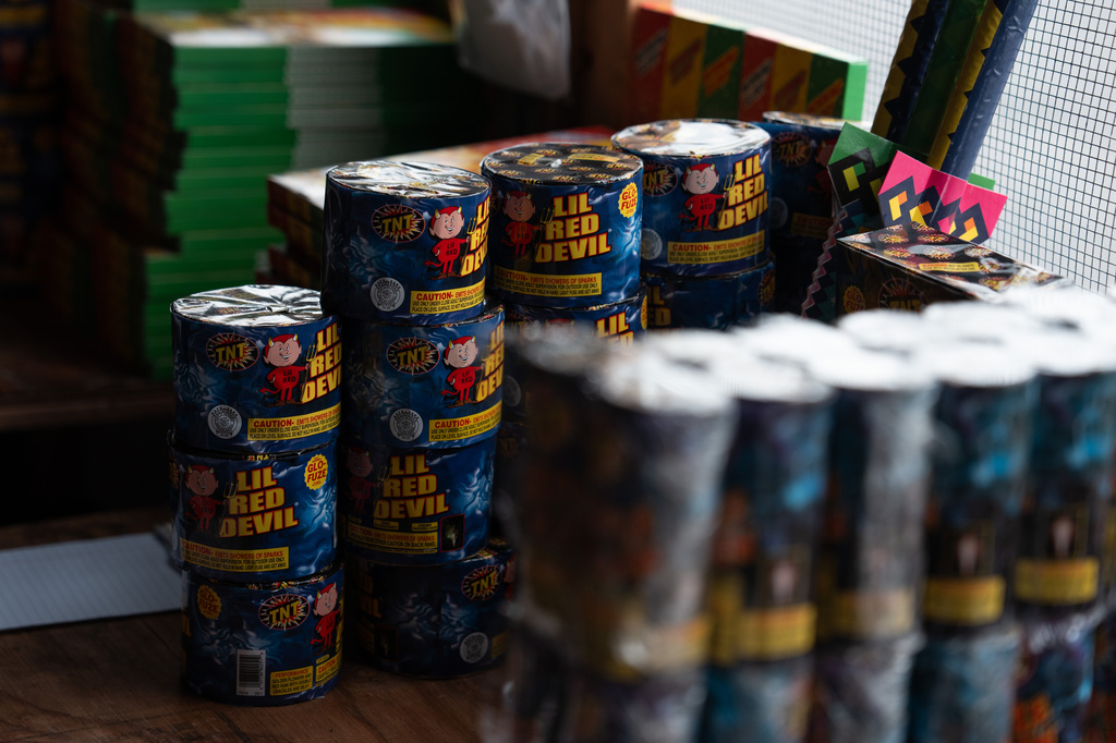 Packages of fireworks are displayed at a TNT Fireworks stand in Alhambra, Calif., Tuesday, June 30, 2026, ahead of the Fourth of July holiday. (AP Photo/Jae C. Hong)