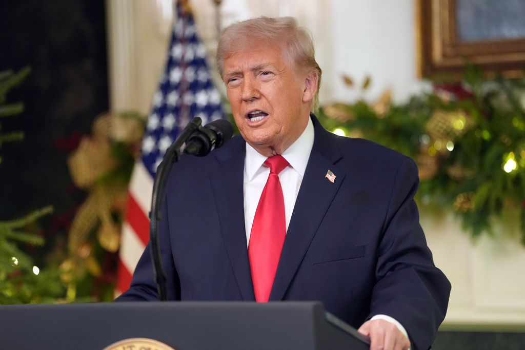 President Donald Trump speaks during an address to the nation from the Diplomatic Reception Room at the White House, Wednesday, Dec. 17, 2025, in Washington. (Doug Mills/The New York Times via AP, Pool)