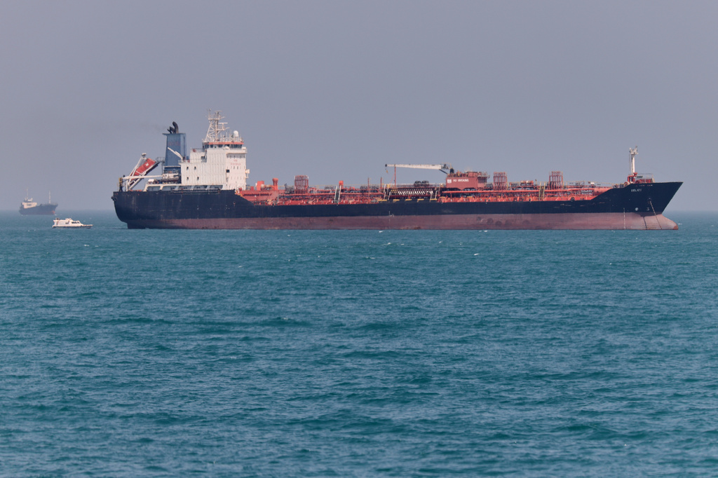 An oil tanker sits at anchor in the Strait of Hormuz off Bandar Abbas, Iran, Saturday, May 2, 2026.(Amirhosein Khorgooi/ISNA via AP)