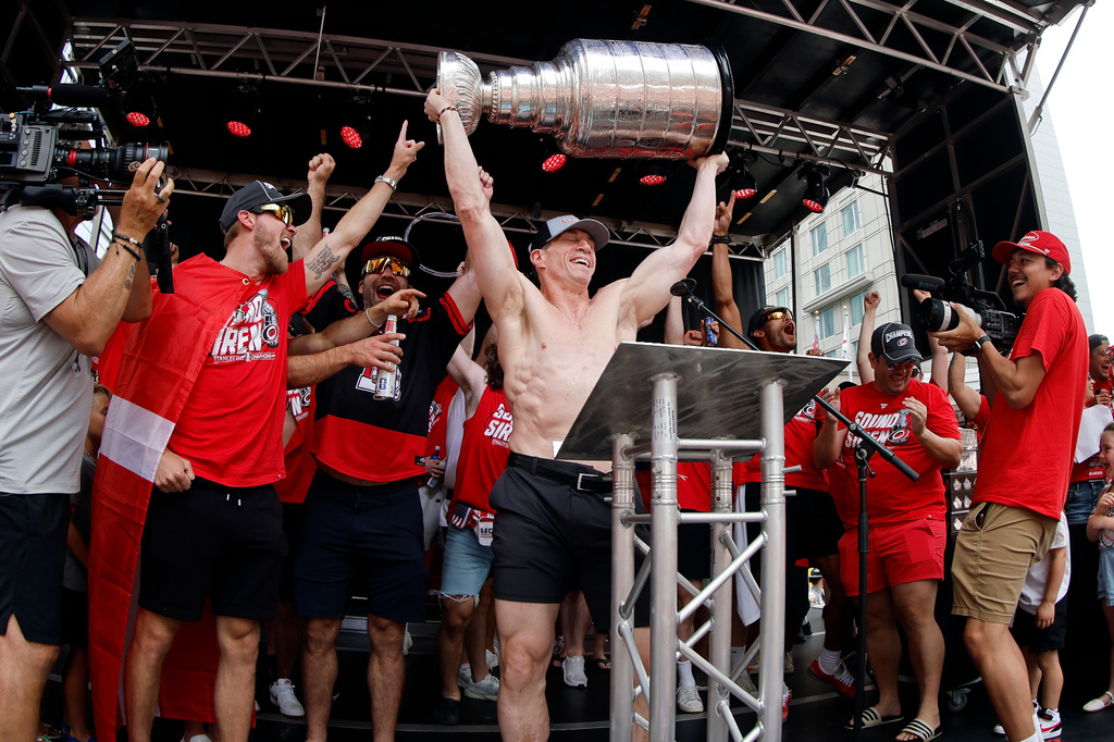 Carolina Hurricanes head coach Rod Brind'Amour holds the Stanley Cup during the NHL hockey club's championship celebration in Raleigh, N.C., Saturday, June 20, 2026. (AP Photo/Karl DeBlaker)