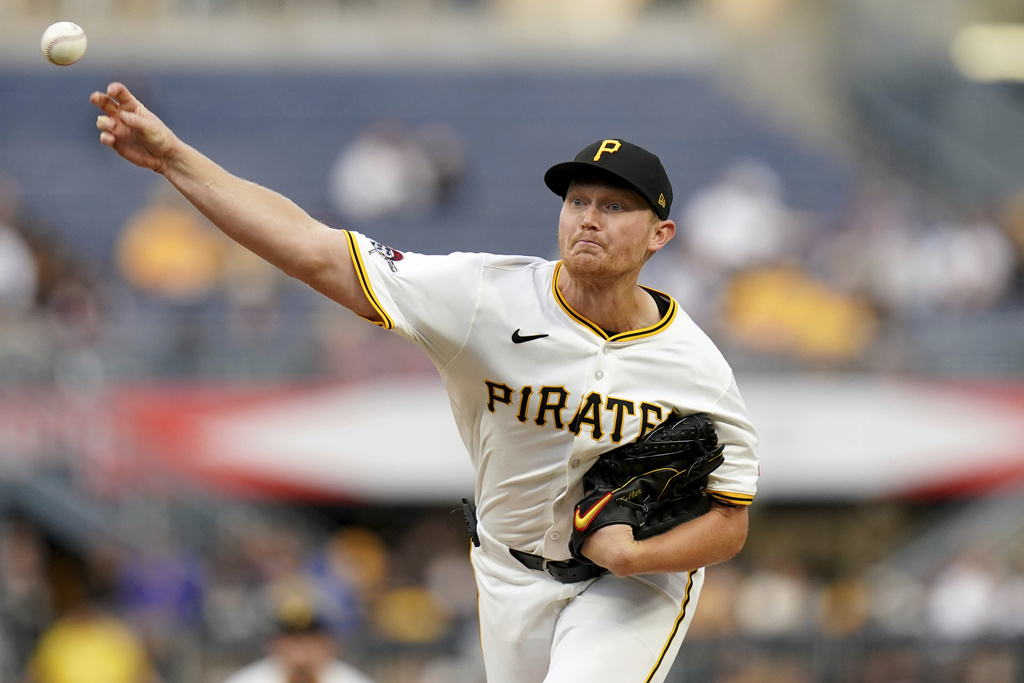 Pittsburgh Pirates pitcher Mitch Keller delivers during the second inning of a baseball game against the Milwaukee Brewers, Saturday, Sept. 6, 2025, in Pittsburgh. (AP Photo/Matt Freed)