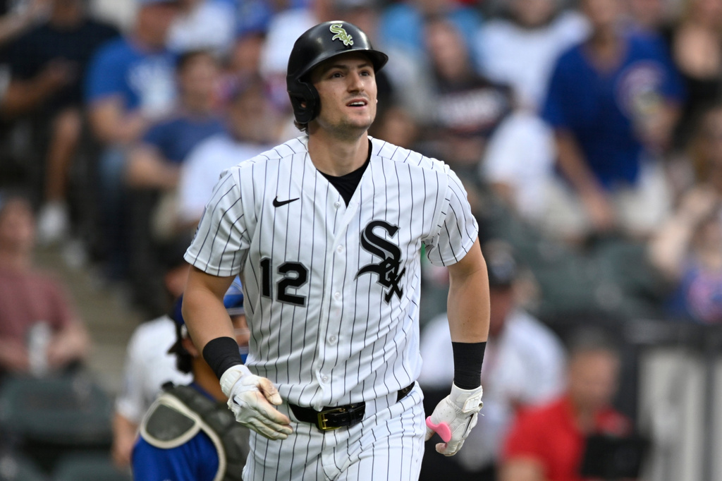 Chicago White Sox's Colson Montgomery watches his solo home run during the third inning of a baseball game against the Chicago Cubs in Chicago, Saturday, May 16, 2026. (AP Photo/Paul Beaty)