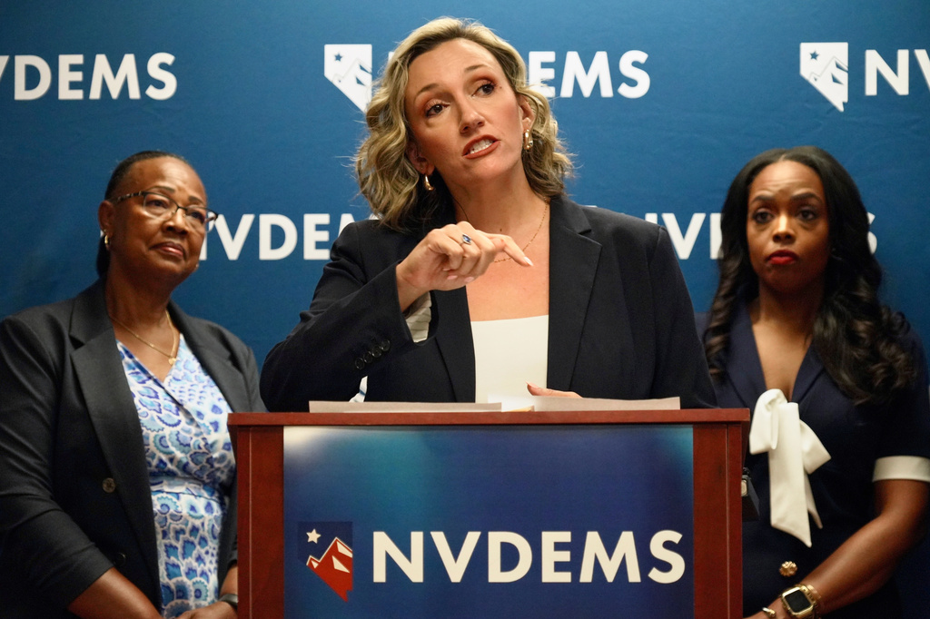 Nicole Cannizzaro, the Nevada Democratic candidate for attorney general, speaks at a press conference Wednesday, June 10, 2026, in Las Vegas. (AP Photo/Ty ONeil)