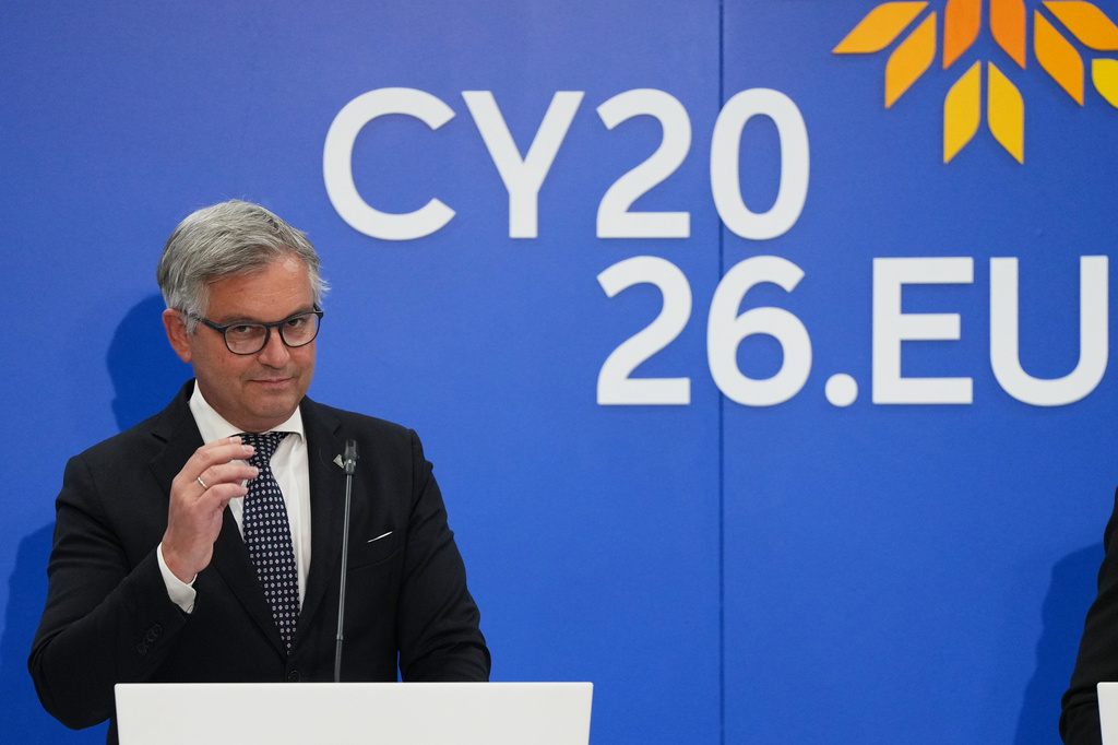 Commissioner for Internal Affairs and MigrationMagnus Brunner, reacts during a press conference after an informal ministerial conference on the Pact on Migration and Asylum in Nicosia, Cyprus, Friday, June 12, 2026. (AP Photo/Petros Karadjias)
